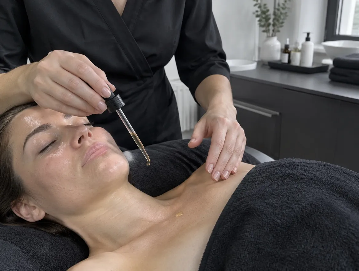 Serum wird mit der Pipette auf das Gesicht gegeben
