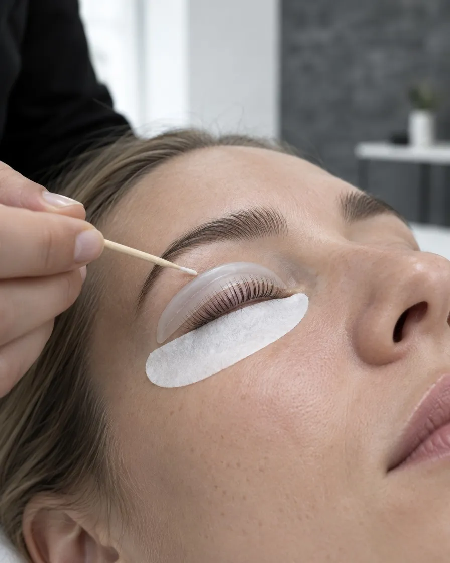 Wimpernlifting mit Silikonpad am Auge